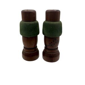 Vintage Wooden Salt & Pepper Shakers With Green Flocked Velvet Accent Band